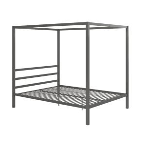 Modern Metal Canopy Platform Bed with Minimalist Headboard and Four Poster Design, Underbed Storage Space, No Box Spring Needed, Queen, Gunmetal Gray