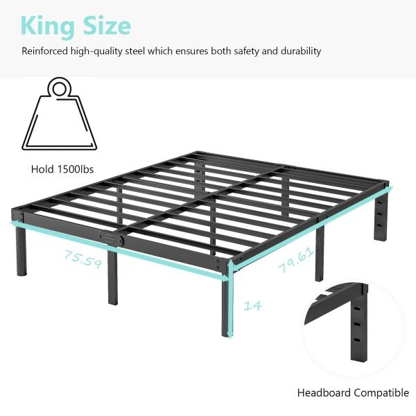 King Bed Frame 14 Inch Metal Bed Frame King Heavy Duty Platform No Box Spring Needed Easy Assembly Noise Free Black