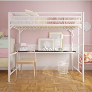 Metal Twin Loft Bed with Desk, White