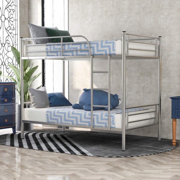 Twin Over Twin Metal Bunk Bed, Divided into Two Beds, No Box Spring Needed, Made of Heavy Duty Steel for Kids Teens Adults (Silver)