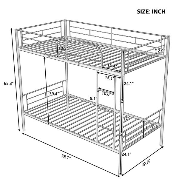 Twin Over Twin Metal Bunk Bed, Divided into Two Beds, No Box Spring Needed, Made of Heavy Duty Steel for Kids Teens Adults (Silver)