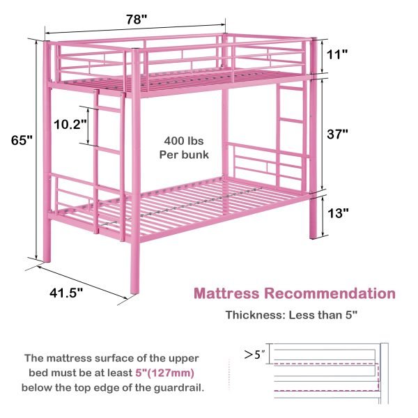 Metal Bunk Bed Twin Over Twin, Industrial Bunkbeds with Ladder and Full-Length Guardrail, Noise Free, No Boxing Spring Needed, Pink