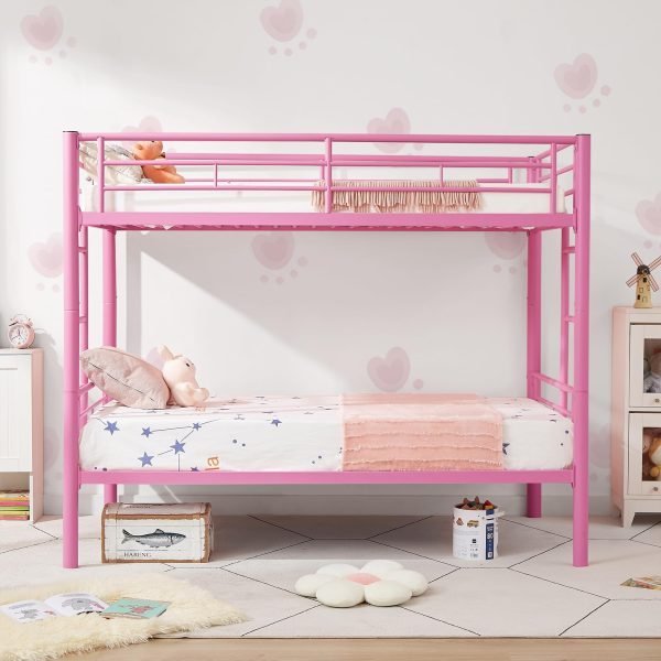 Metal Bunk Bed Twin Over Twin, Industrial Bunkbeds with Ladder and Full-Length Guardrail, Noise Free, No Boxing Spring Needed, Pink