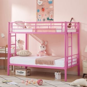 Metal Bunk Bed Twin Over Twin, Industrial Bunkbeds with Ladder and Full-Length Guardrail, Noise Free, No Boxing Spring Needed, Pink