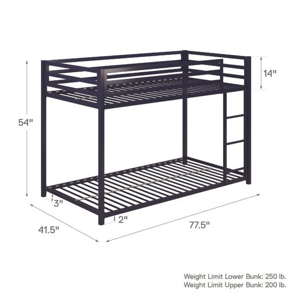 Twin Metal Bunk Bed, Kid's Bedroom, Space-Saving Design, Black